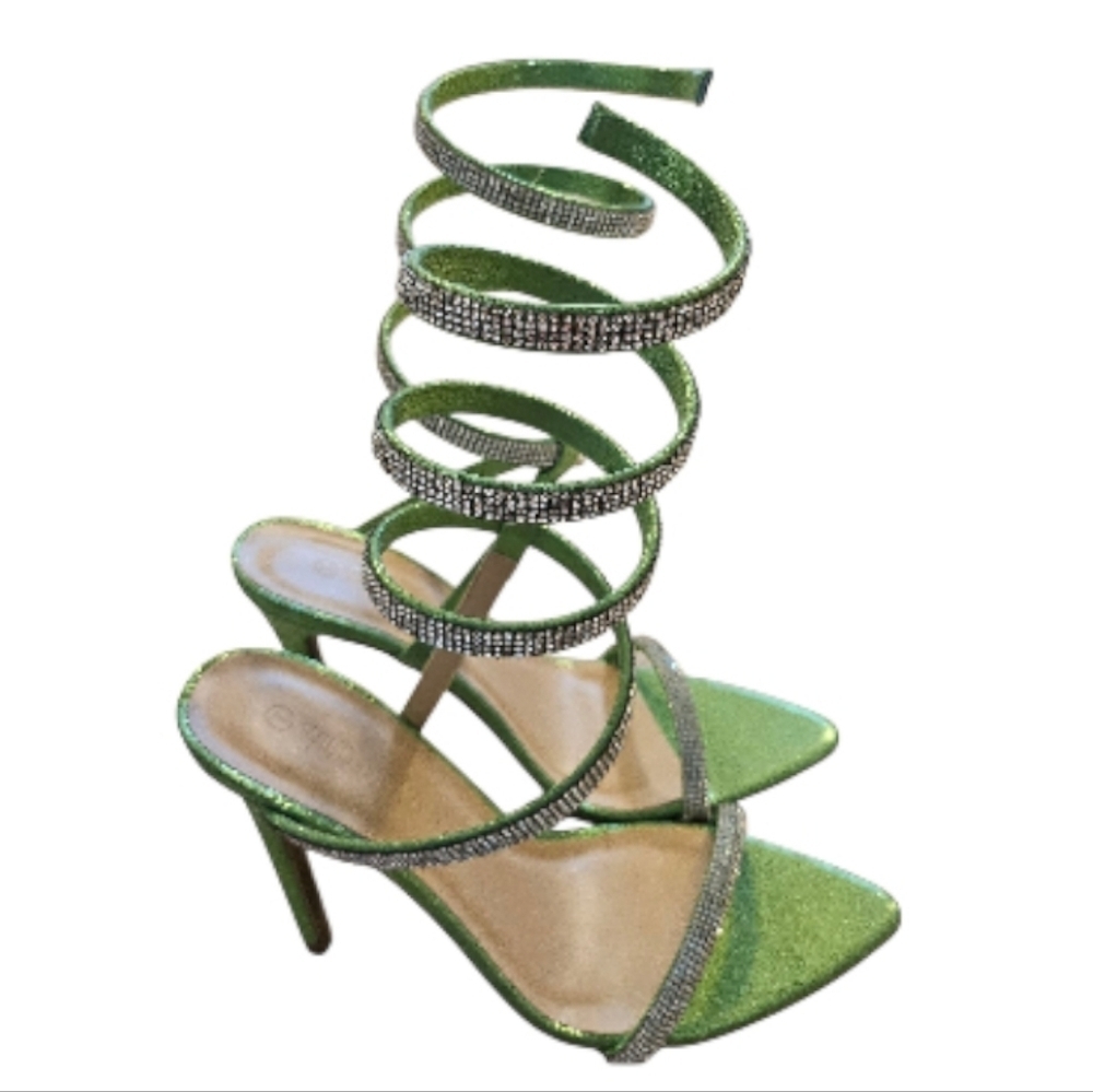Metallic Green Rhinestone Strappy Stiletto Sandals Wild Diva Lounge